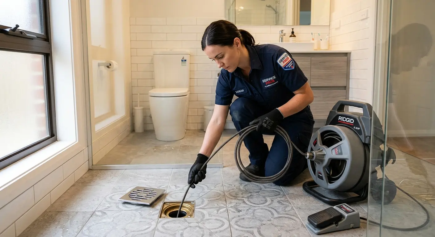 Technician clearing a bathroom floor drain for Drain Cleaning in Delhi